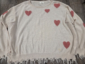 ADORE Loose Open Knit Beige Pink/Mauve Heart Fringe Oversized Sweater Medium